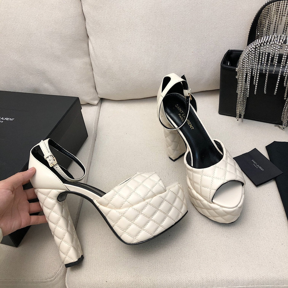 SL JODIE 135 PLATFORM SANDALS WHITE EMBOSSED CALFSKIN