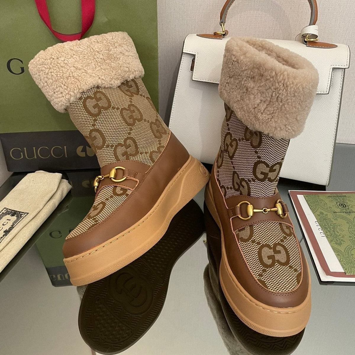 HORSEBIT SNOW ANKLE BOOTS IN ECRU BEIGE MONOGRAM JACQUARD FABRIC MIX BROWN CALFSKIN AND LAMB WOOL LINING