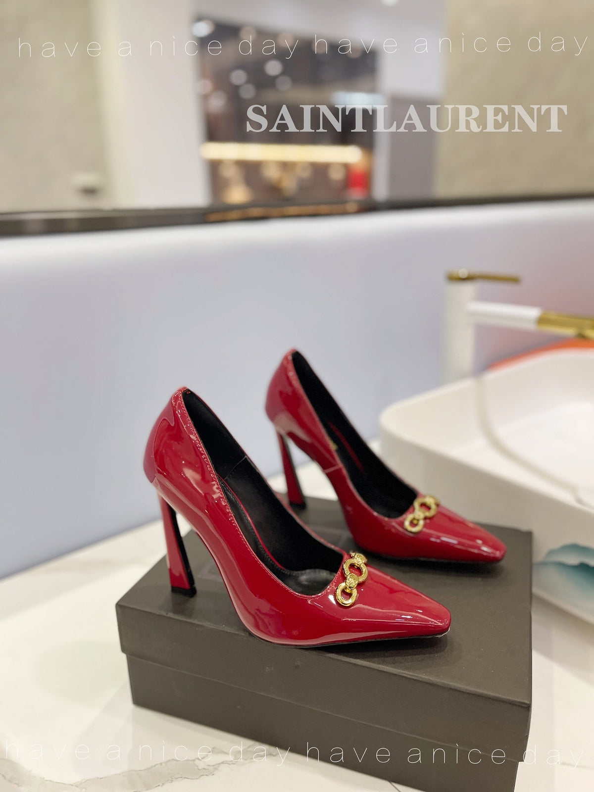 SL SILVANA CHAIN PUMPS GLOSSY RED CALFSKIN