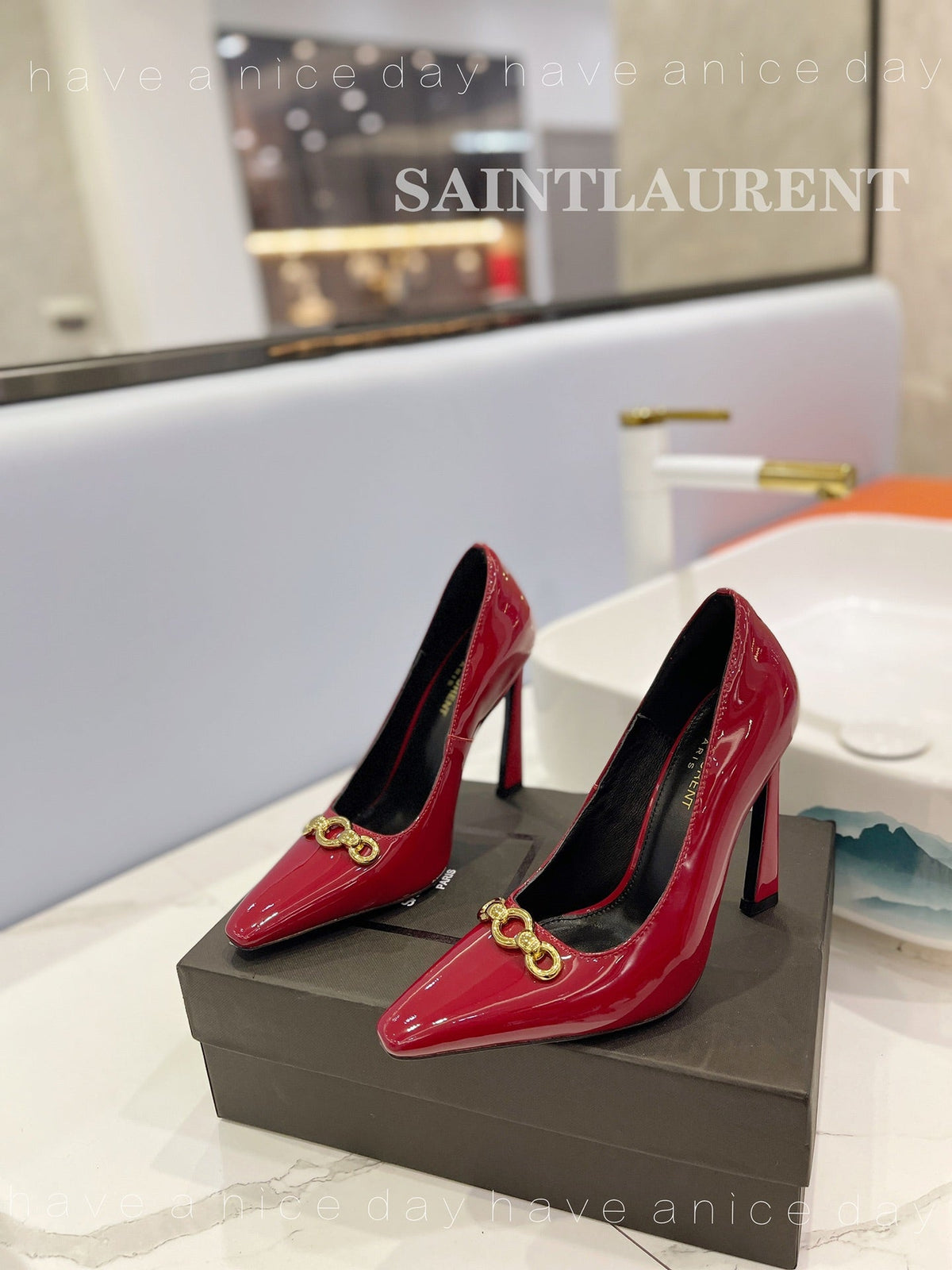 SL SILVANA CHAIN PUMPS GLOSSY RED CALFSKIN