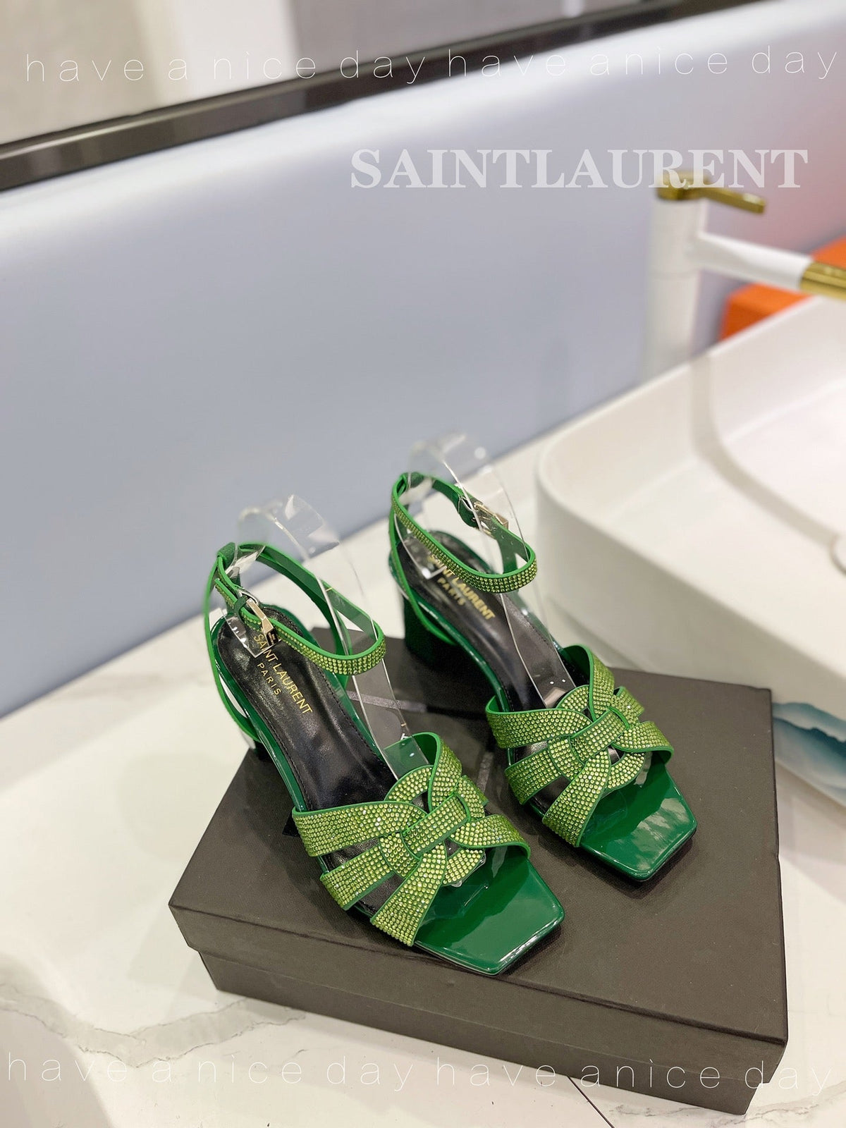 SL TRIBUTE CRYSTAL SANDALS DARK GREEN CALFSKIN