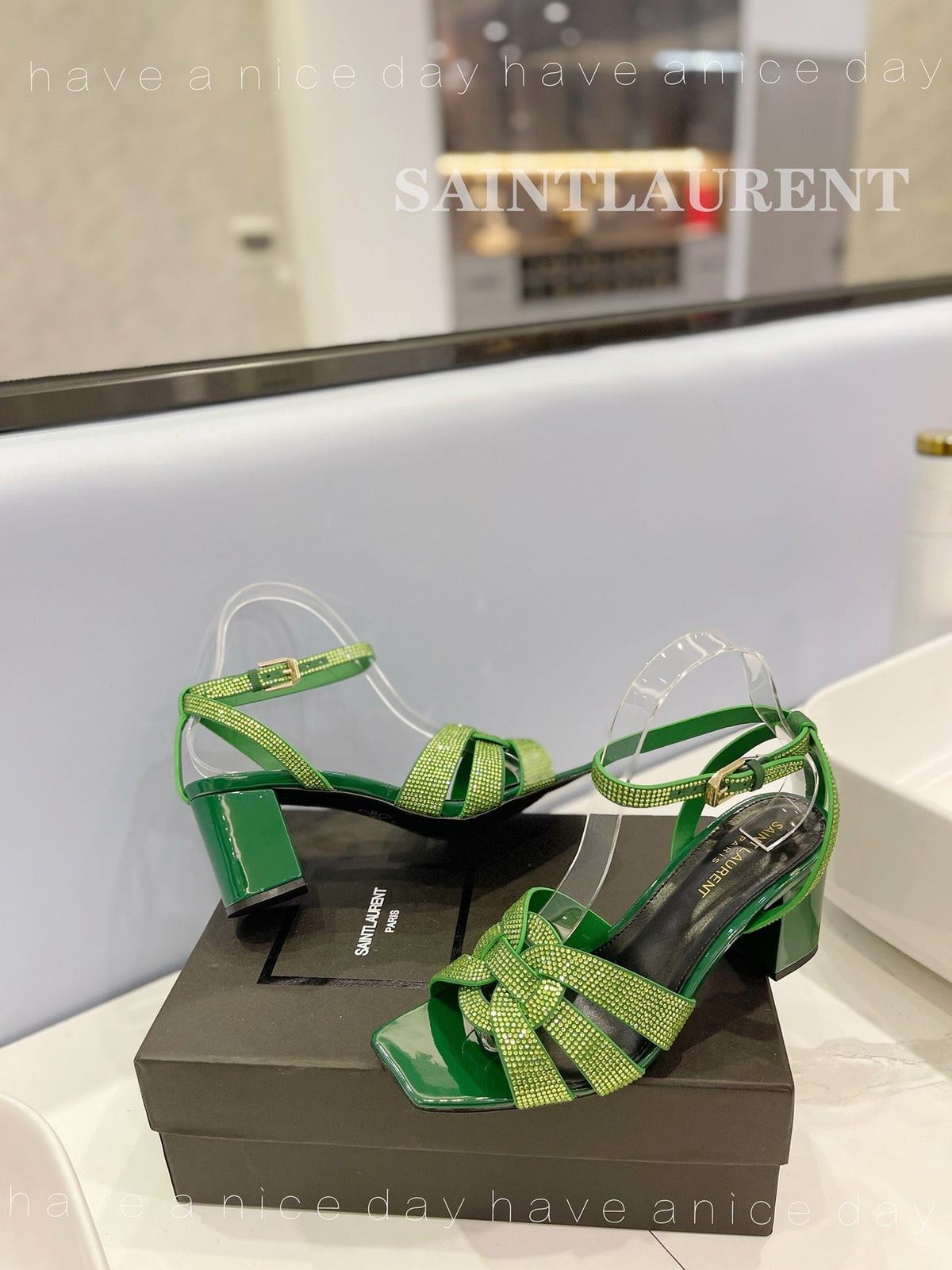 SL TRIBUTE CRYSTAL SANDALS DARK GREEN CALFSKIN