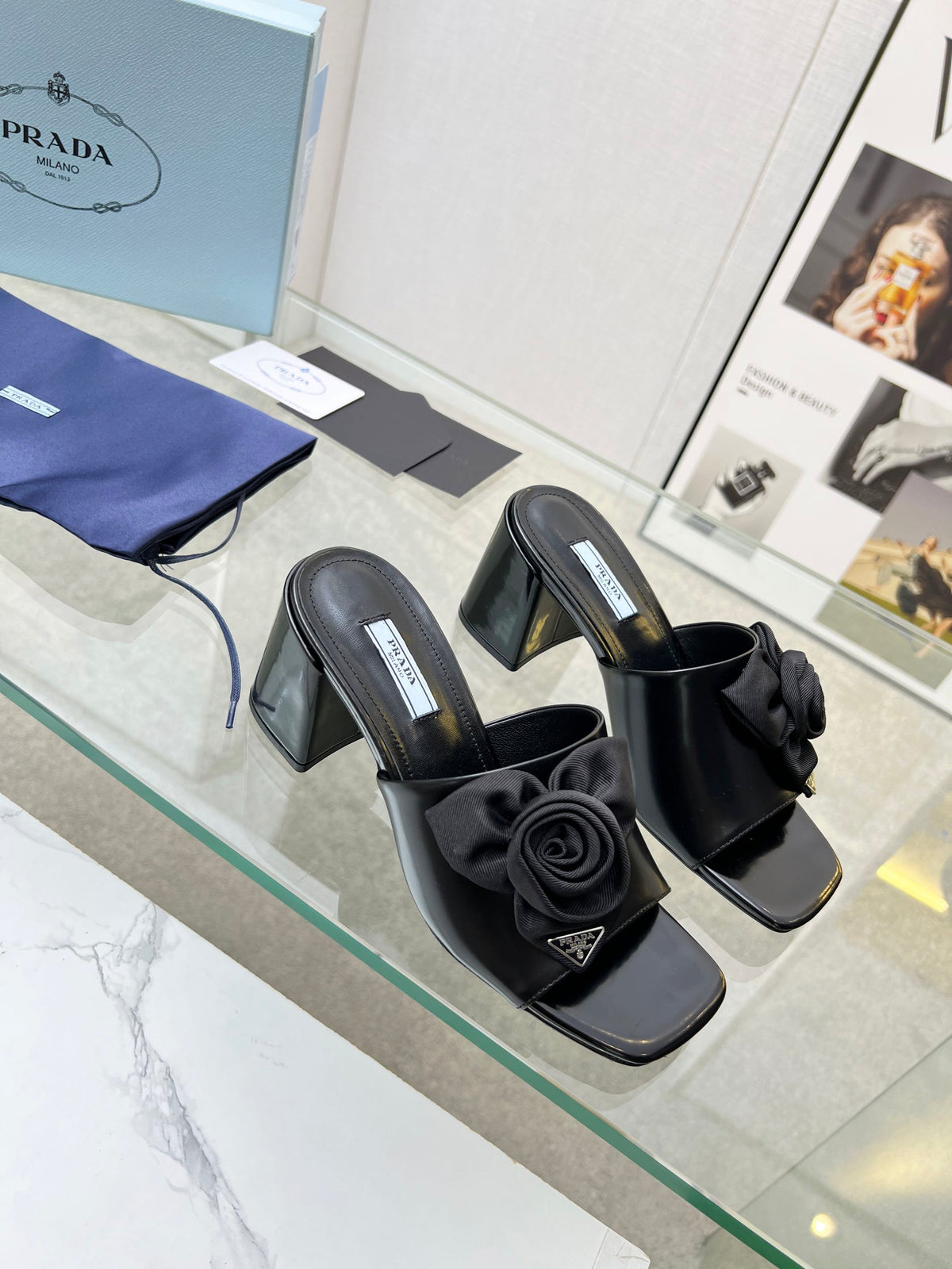 PRA FLOWER BLOCK HEELS 75 BLACK CALFSKIN