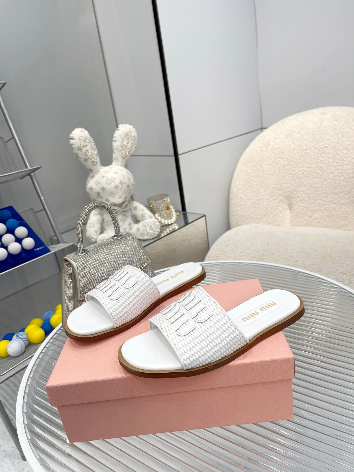 Slippers White Leather With Sedge Straps