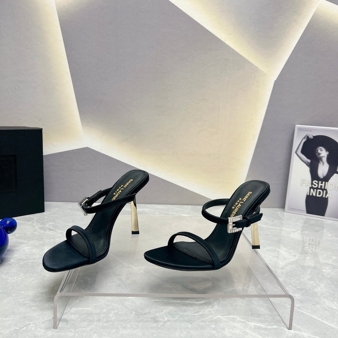 SL CRYSTAL BUCKLE HIGH HEELS BLACK SATIN