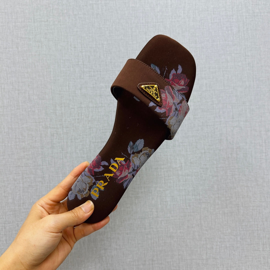 PRA PRINTED SLIDES SLIPPERS CINNAMON SATIN