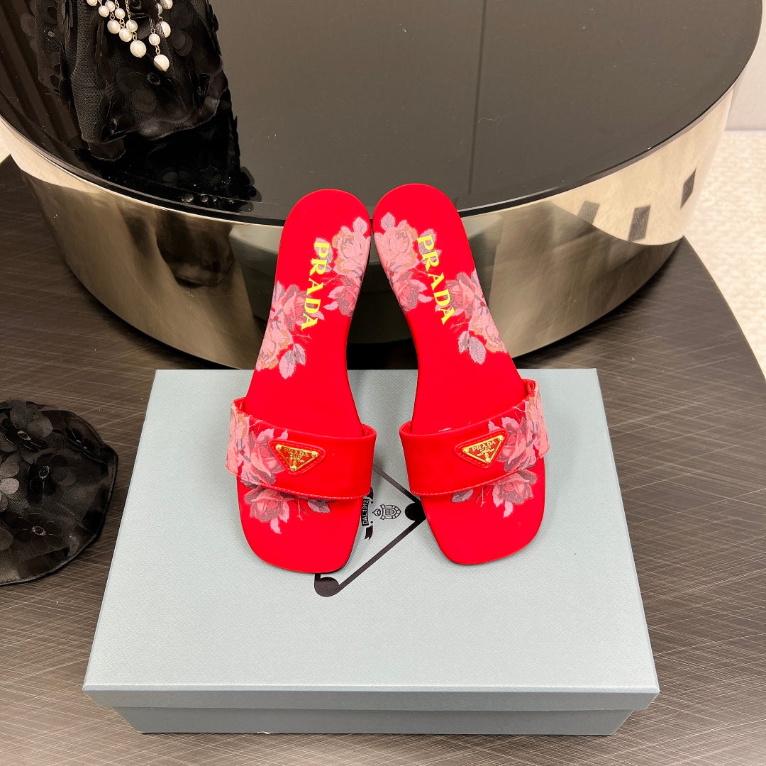 PRA PRINTED SLIDES SLIPPERS RED SATIN