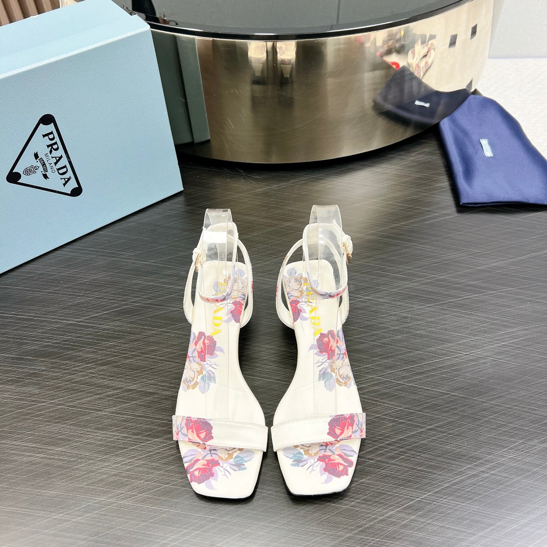 PRA TRIANGLE HEEL FLOWER MOTIF SATIN SANDALS WHITE
