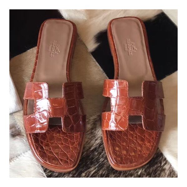 HERM Oran Sandals In Orange Shiny Niloticus Crocodile