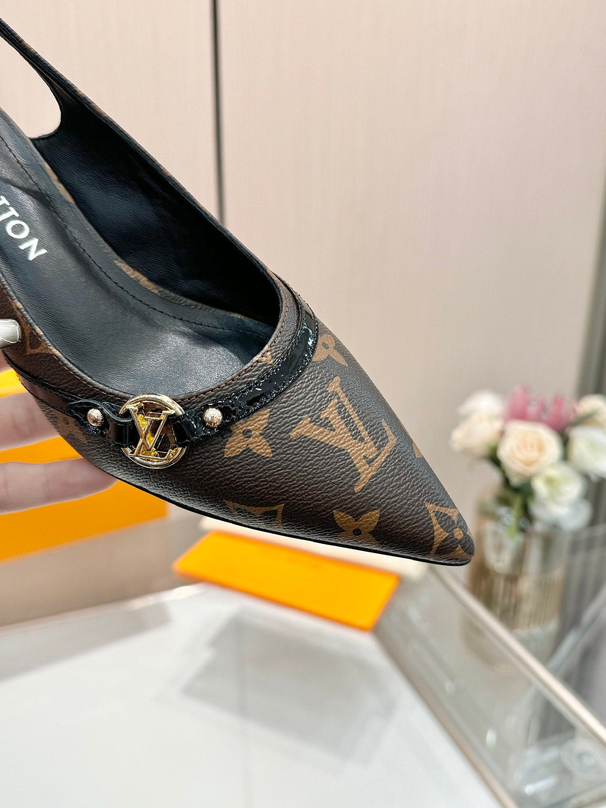 6AM SLINGBACK HIGH HEELS 55 MM IN CHOCOLATE BROWN MONOGRAM LAMBSKIN