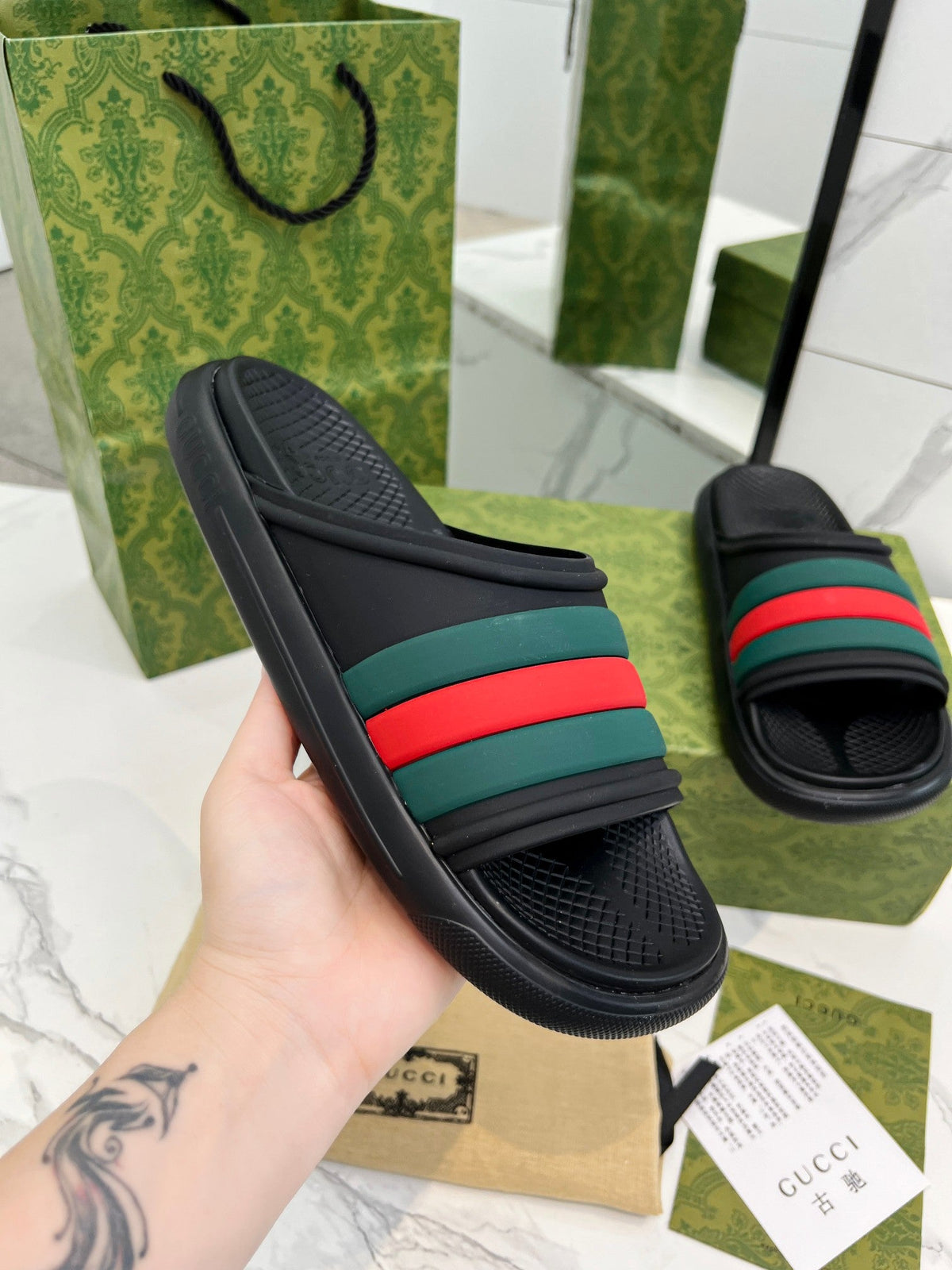 PLATFORM SLIPPERS IN BLACK MIX GREEN AND RED IMPORTED TPU