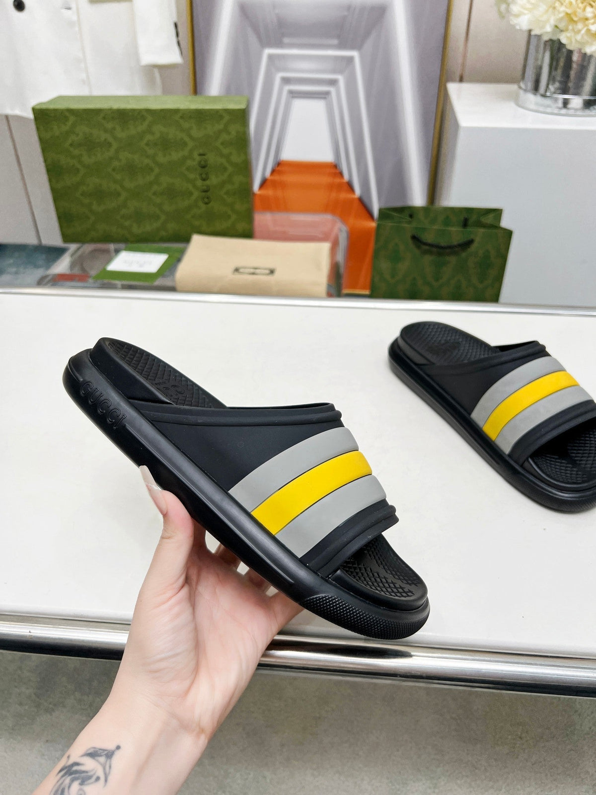 PLATFORM SLIPPERS IN BLACK MIX GRAY AND YELLOW IMPORTED TPU