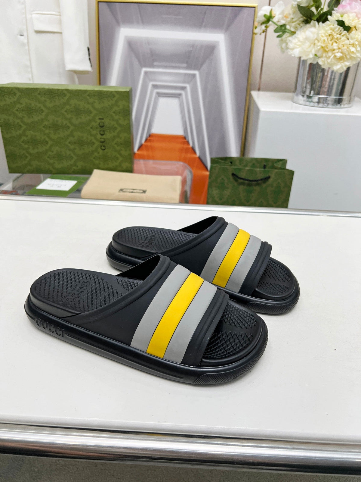 PLATFORM SLIPPERS IN BLACK MIX GRAY AND YELLOW IMPORTED TPU