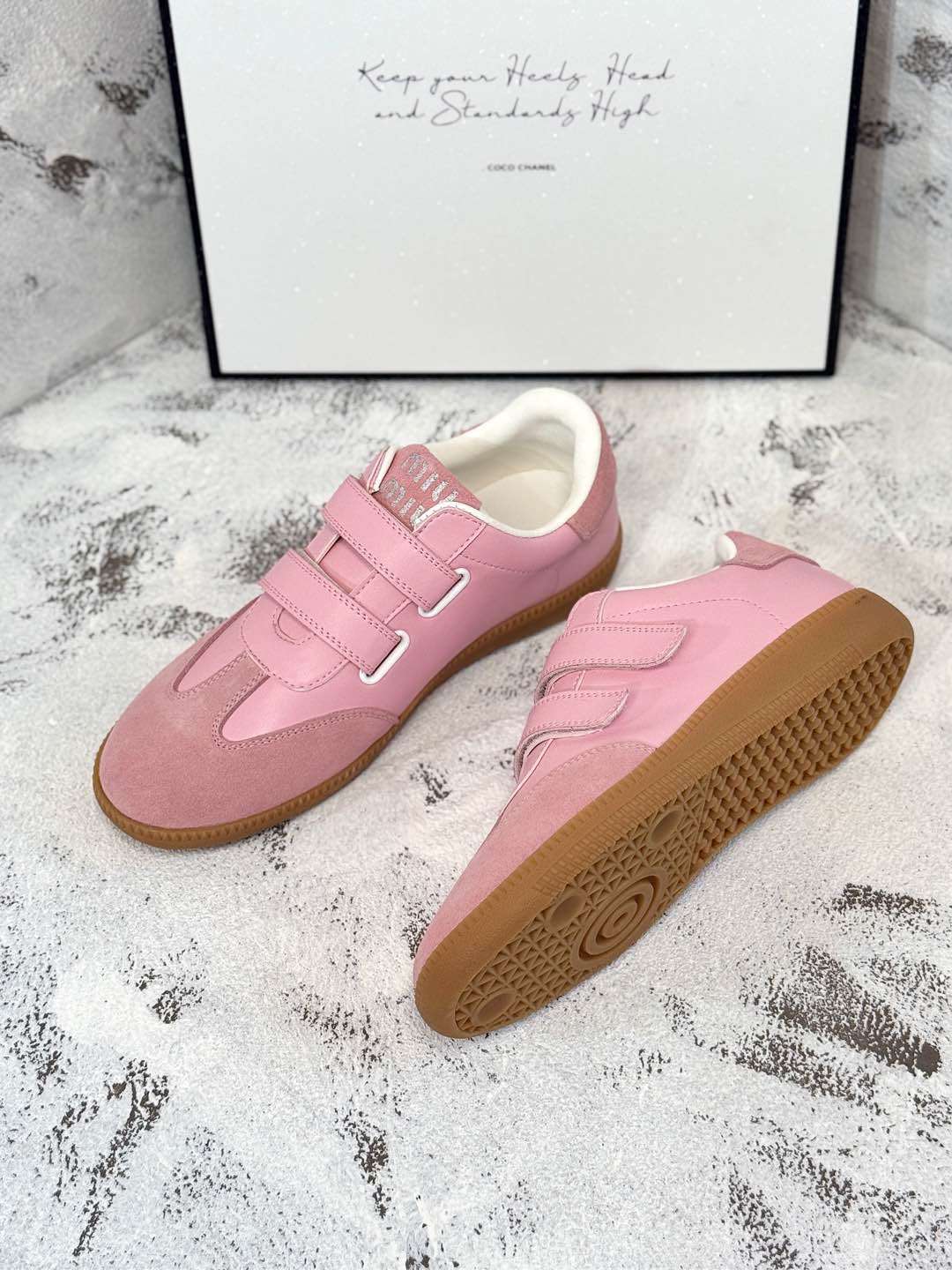 RETRO SNEAKERS WITH RIPTAPE STRAPS IN PINK LAMBSKIN MIX SUEDE