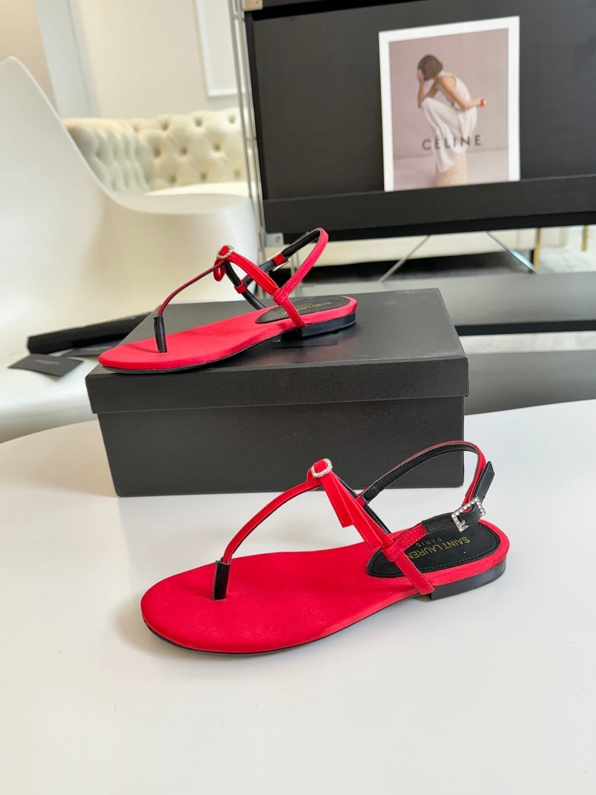 SL Silk Bow T-Strap Flat Sandals Red Leather