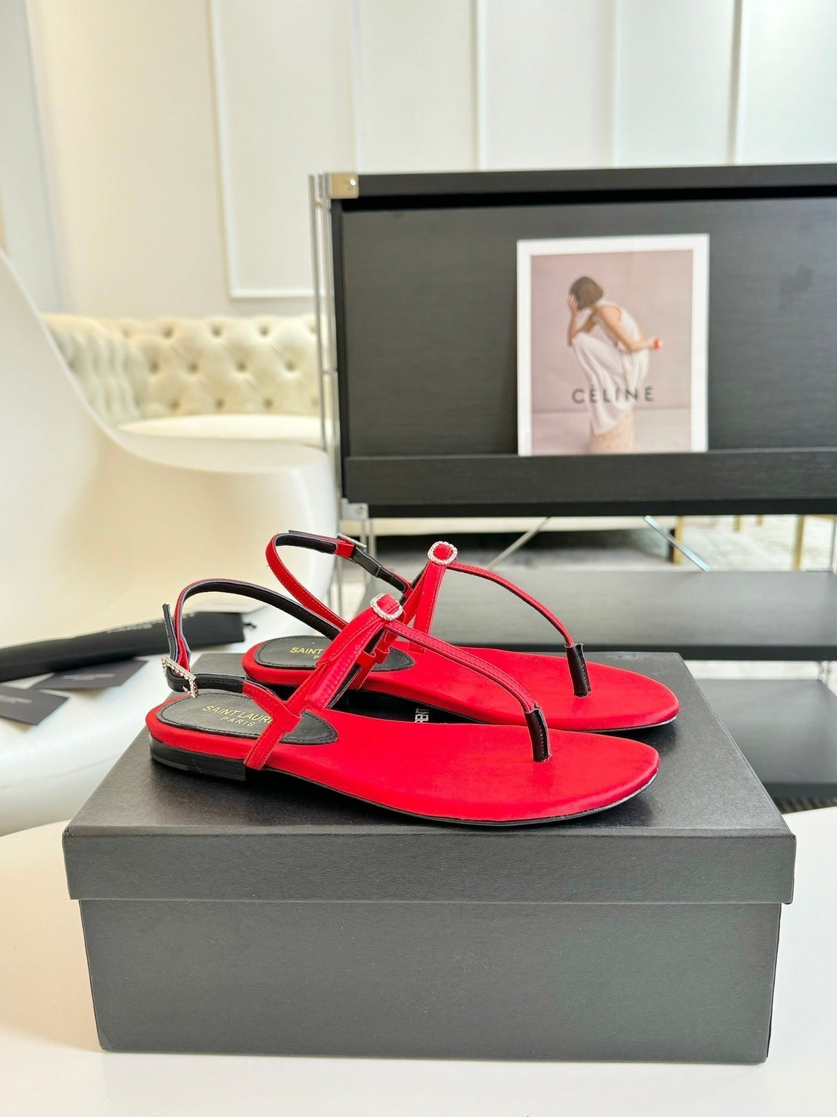 SL Silk Bow T-Strap Flat Sandals Red Leather