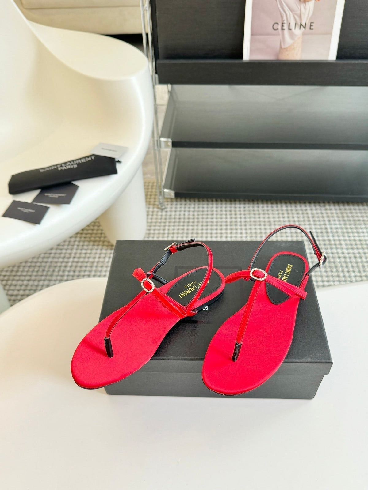 SL Silk Bow T-Strap Flat Sandals Red Leather