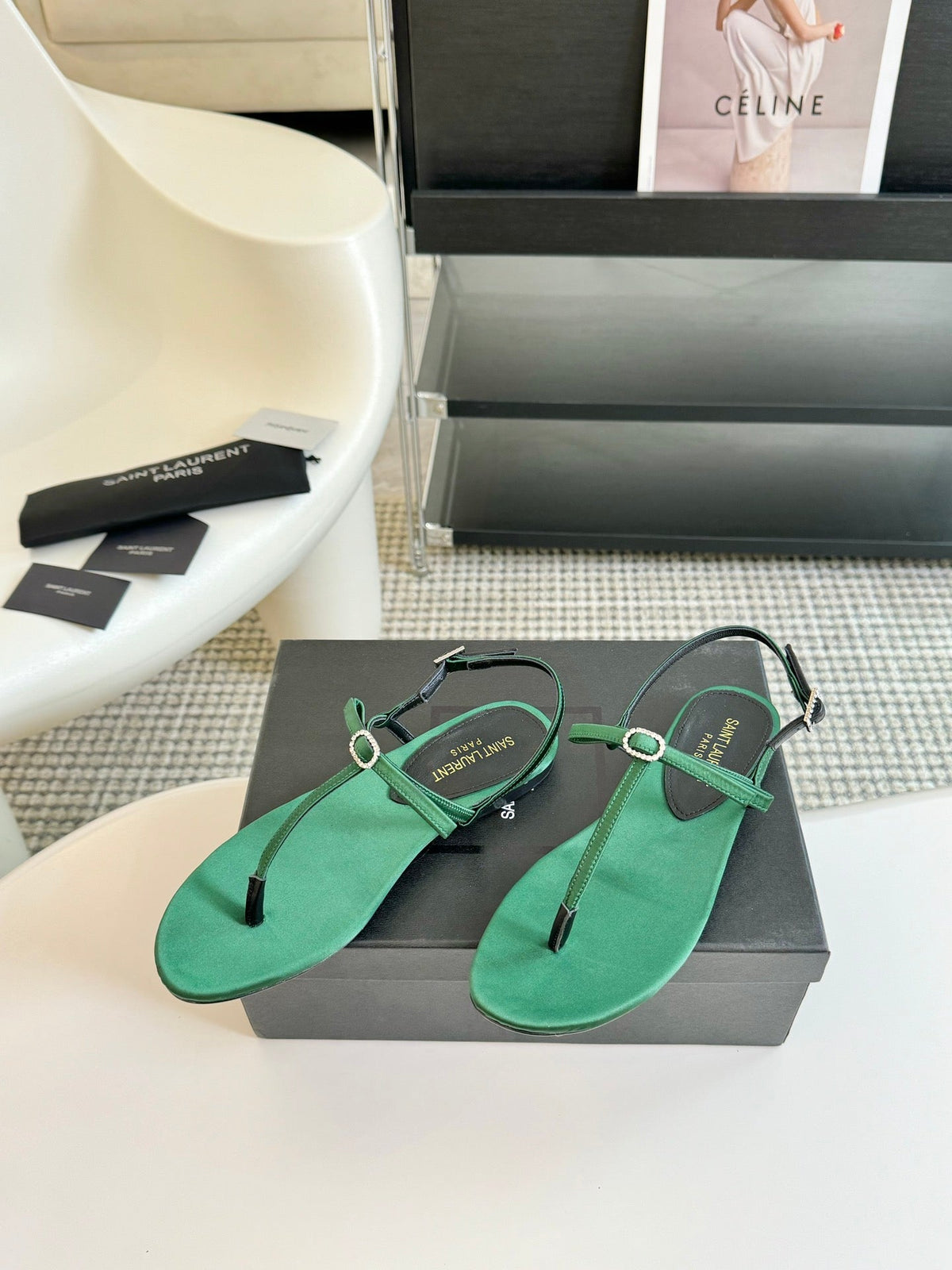 SL Silk Bow T-Strap Flat Sandals Green Leather