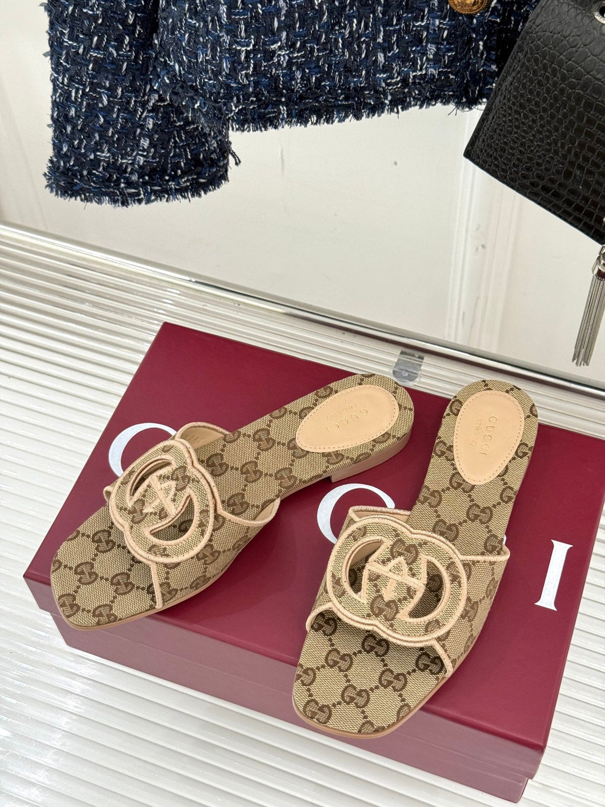 SLIDE SANDALS IN DARK BEIGE FABRIC EMBOSSED LOGO STYLE 3