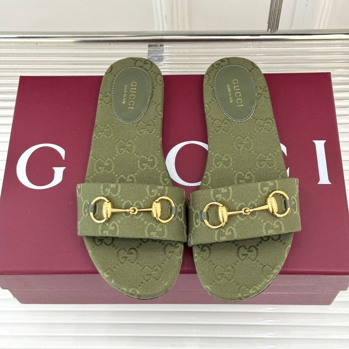 SLIDE SANDALS IN MOSS GREEN FABRIC EMBOSSED LOGO