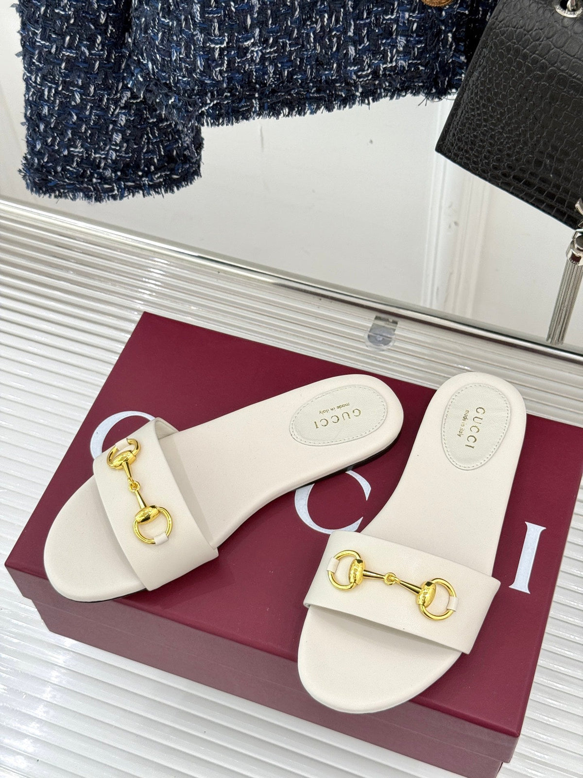 SLIDE SANDALS IN WHITE CALFSKIN WITH GOLD HARDWARE