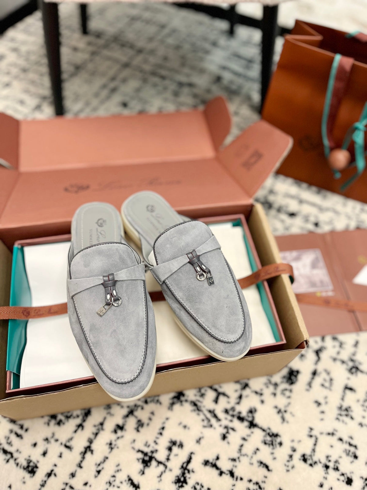Loro Piana Grey Black Suede Charms Walk Flat Mules