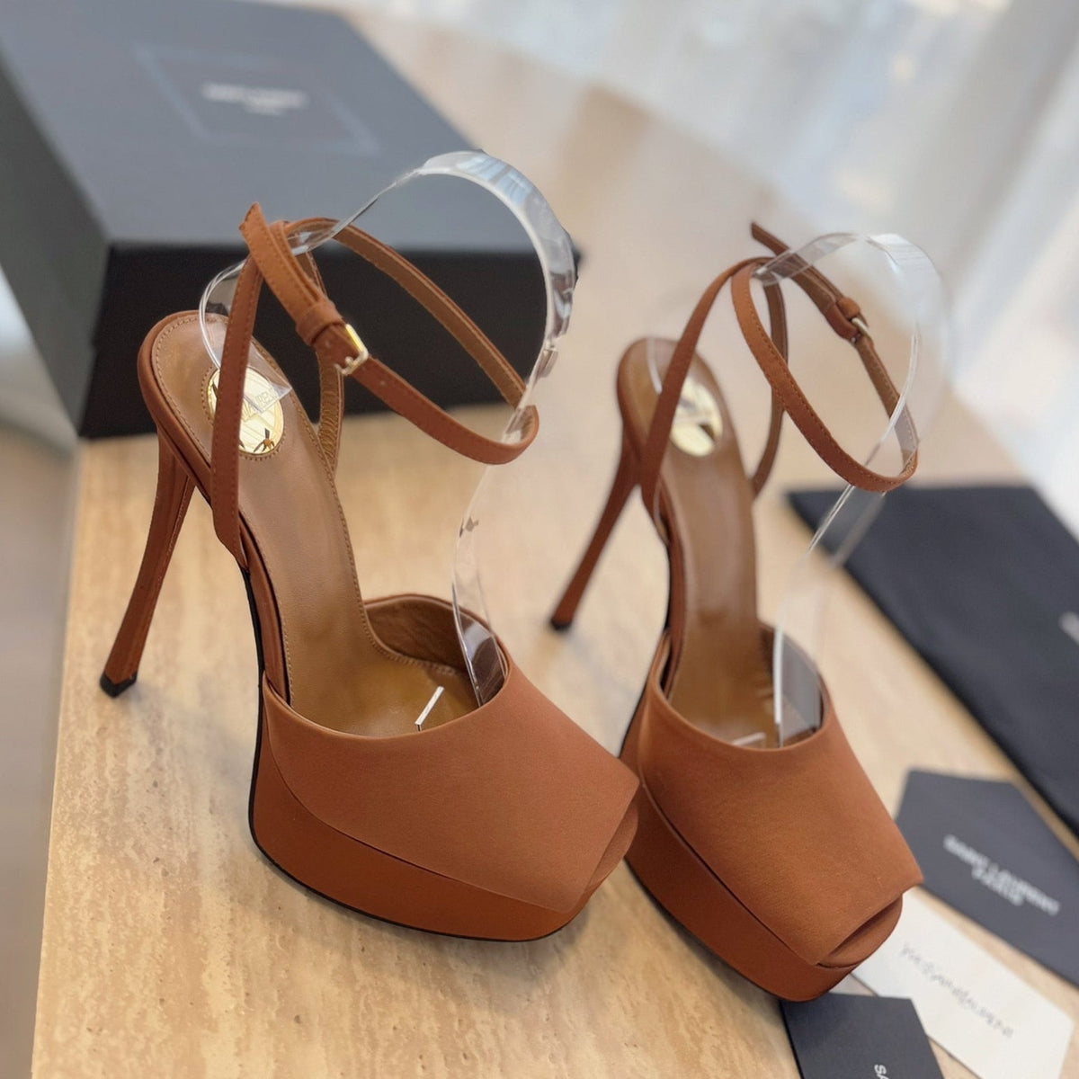 LA SCANDALE HIGH 14 CM PLATFORM SANDALS IN BRONZE BROWN SATIN CREPE