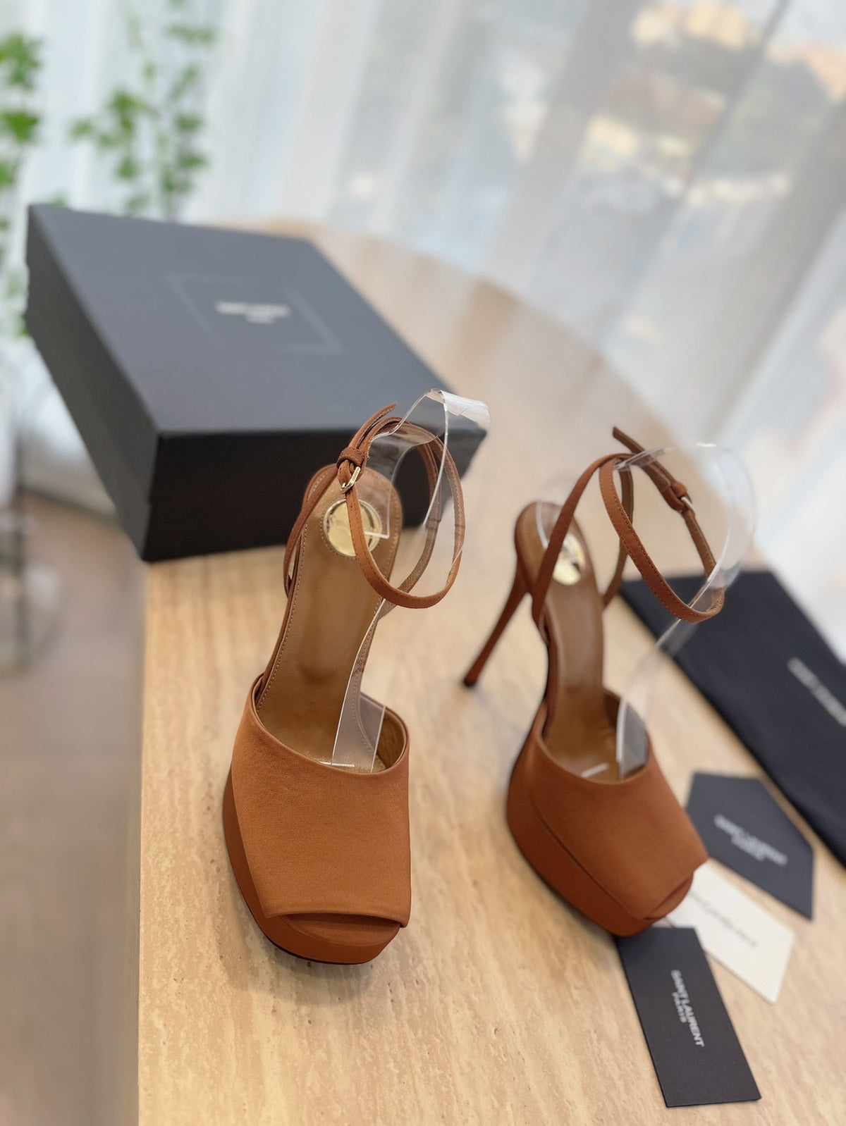 LA SCANDALE HIGH 14 CM PLATFORM SANDALS IN BRONZE BROWN SATIN CREPE