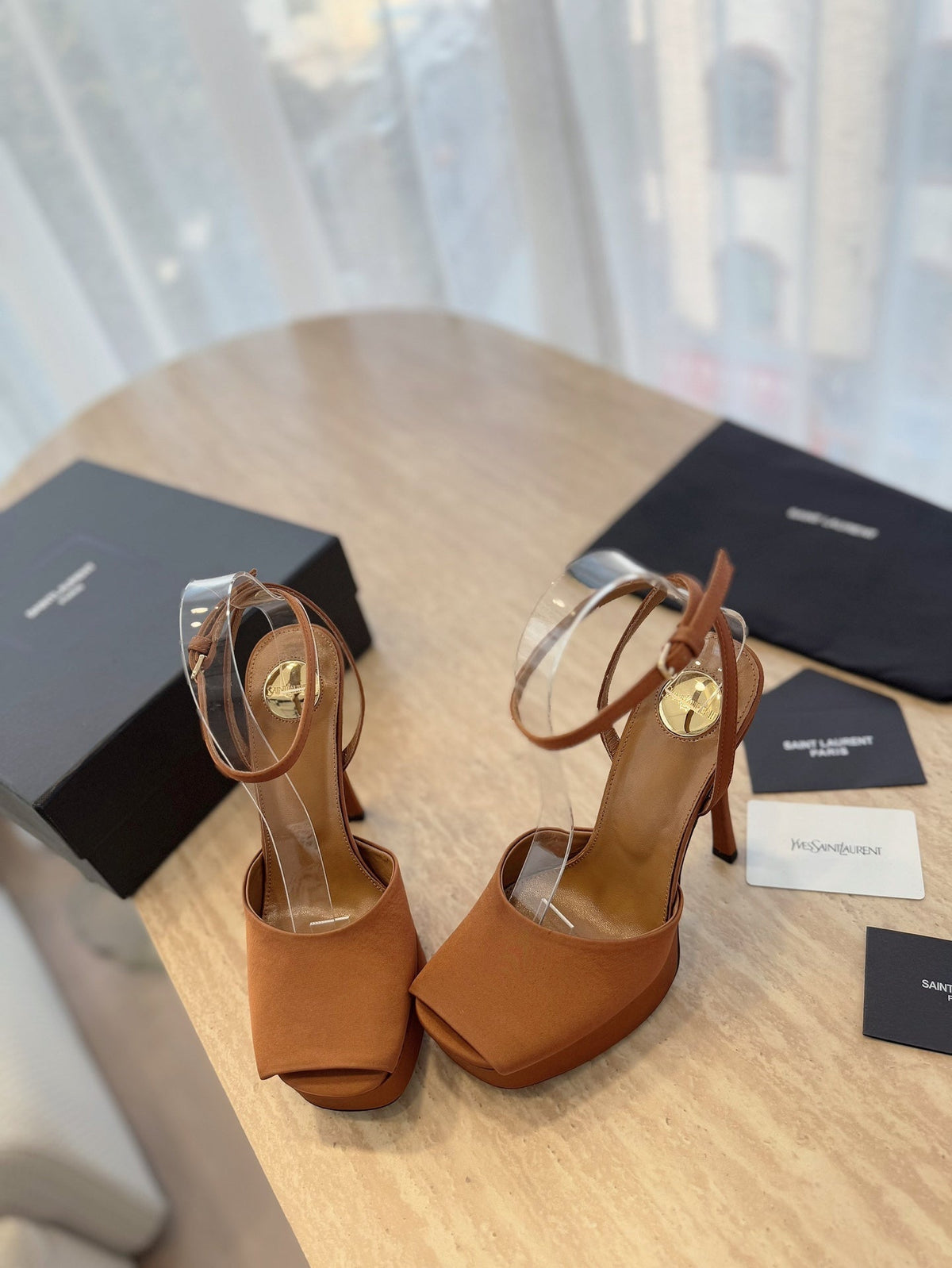 LA SCANDALE HIGH 14 CM PLATFORM SANDALS IN BRONZE BROWN SATIN CREPE