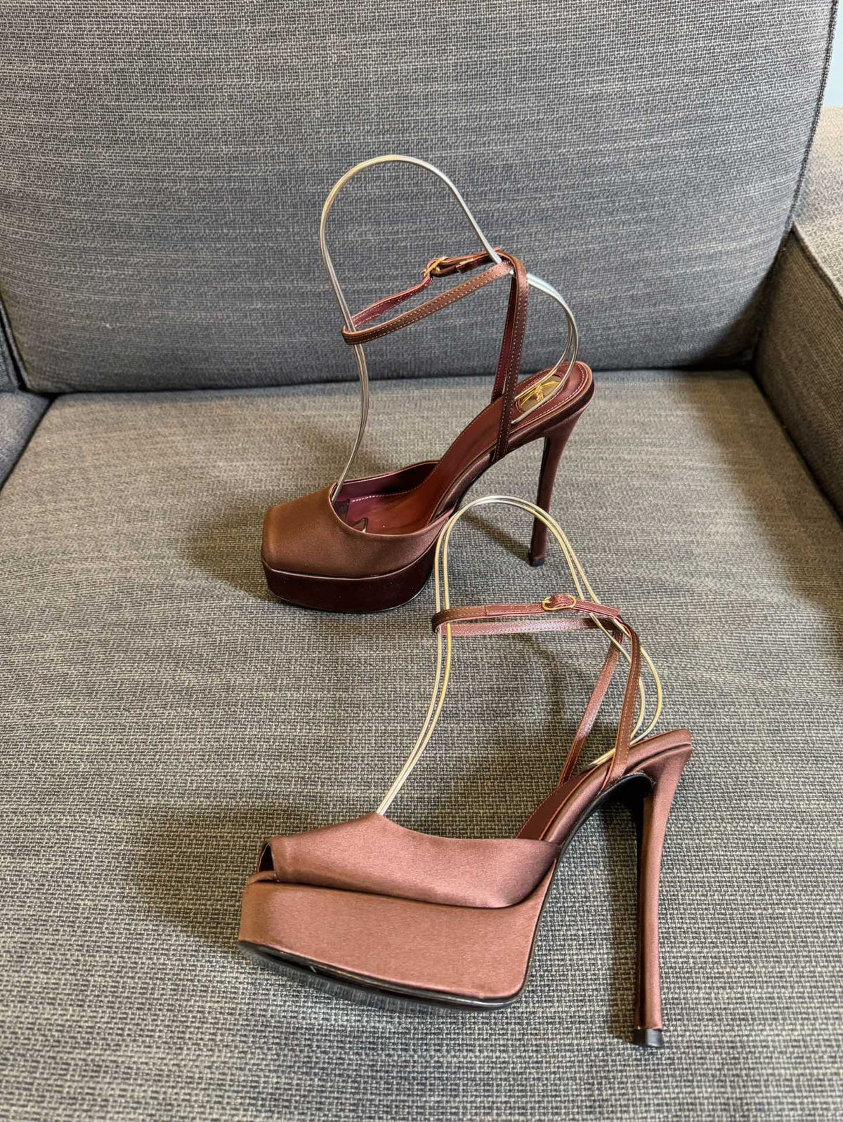LA SCANDALE PLATFORM SANDALS IN DARK CAPPUCCINO SATIN
