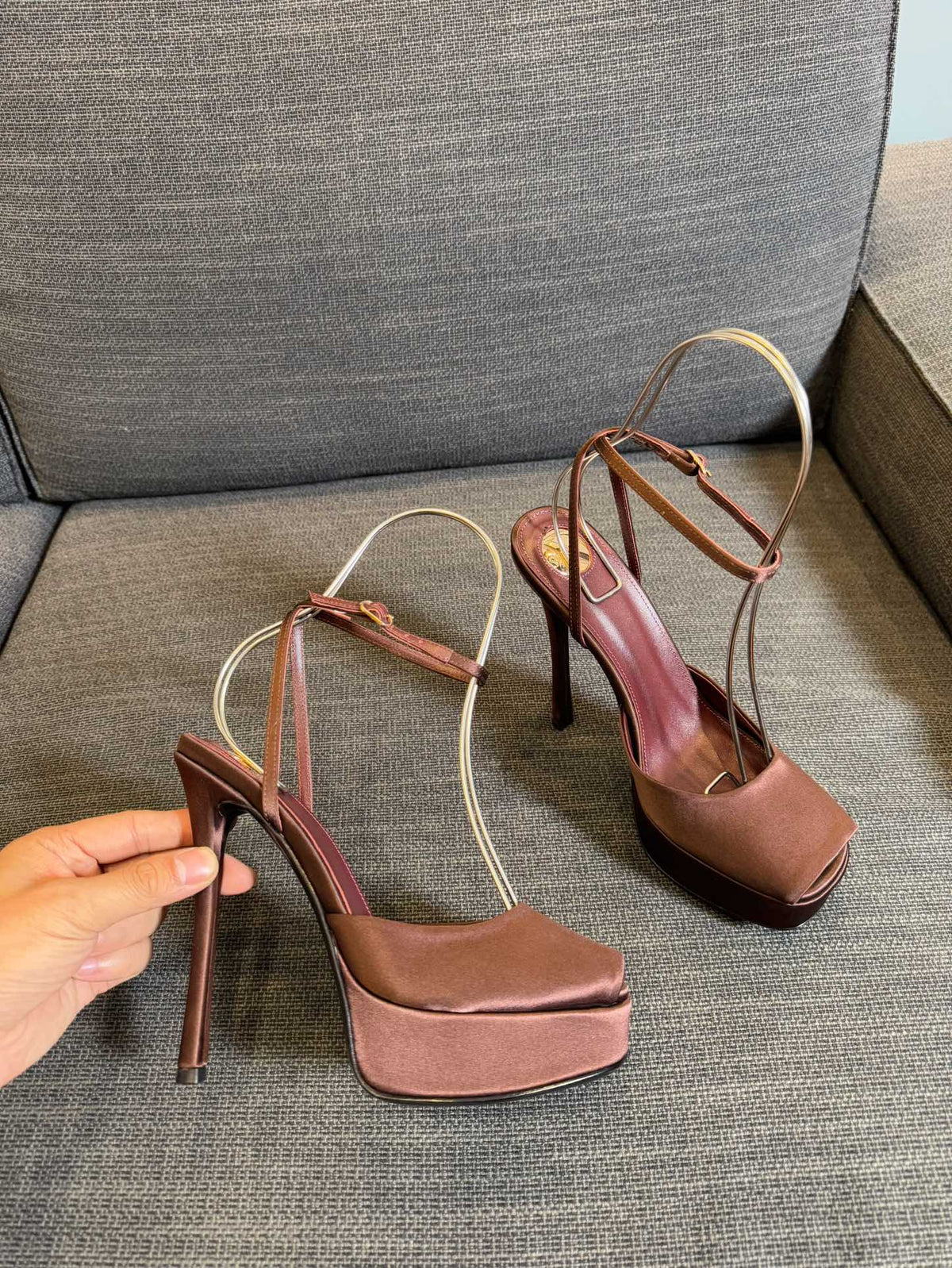 LA SCANDALE PLATFORM SANDALS IN DARK CAPPUCCINO SATIN