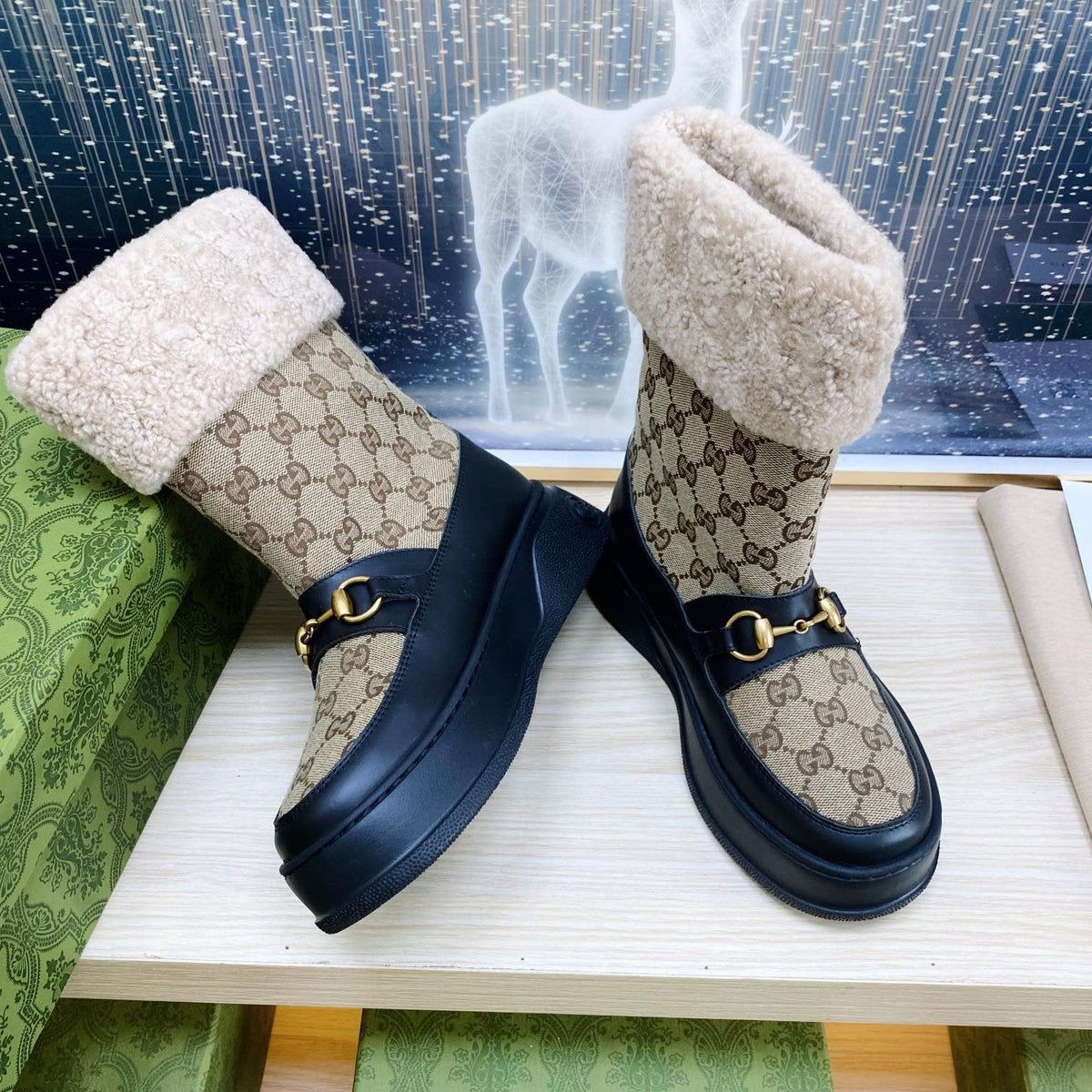 HORSEBIT ANKLE BOOTS WITH MERINO TRIM IN BEIGE JACQUARD FABRIC MIX BLACK CALFSKIN