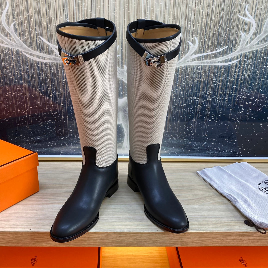 KNEE HIGH BOOTS IN BLACK CALFSKIN AND WHITE FABRIC