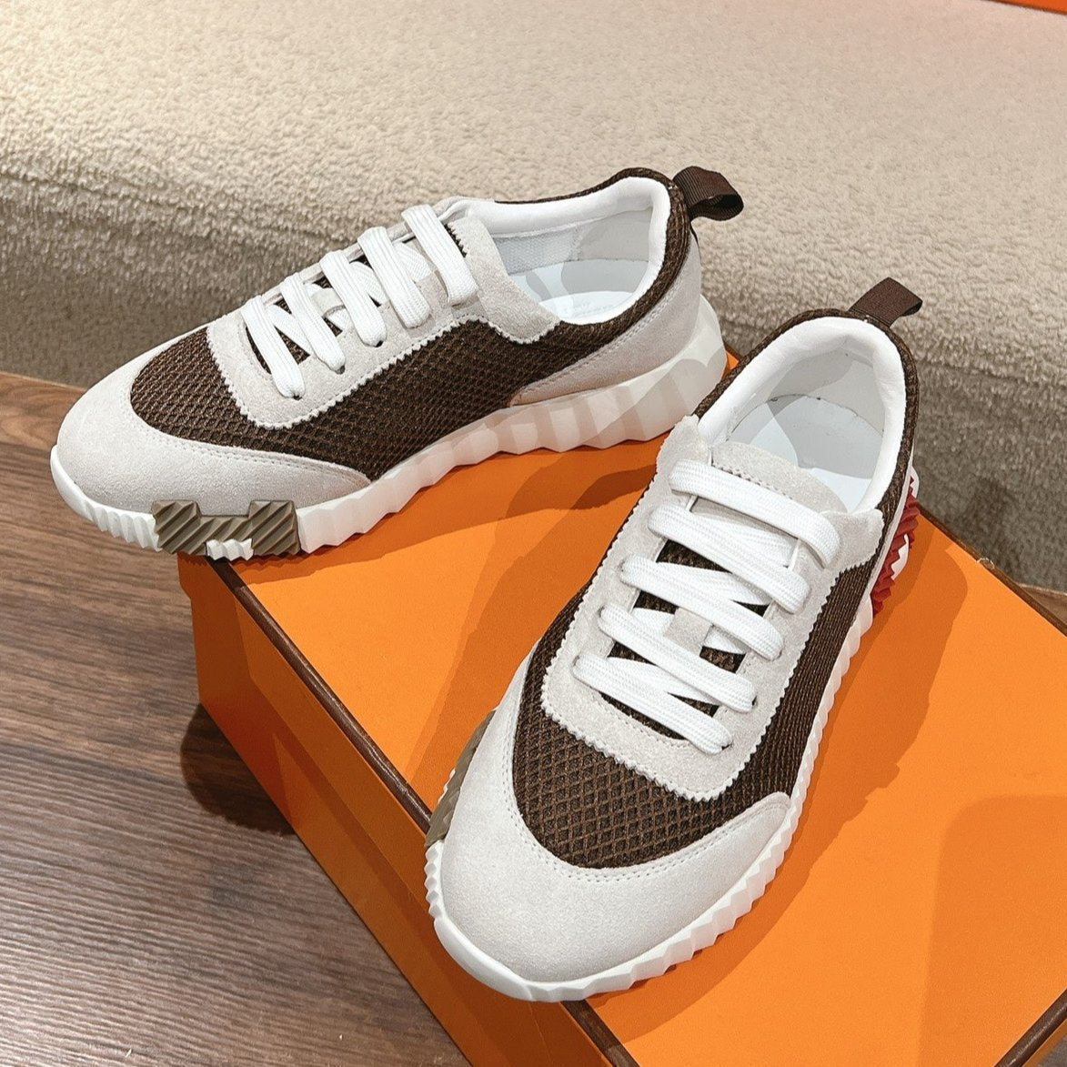 MAINLAND SNEAKER IN PALE GRAY SUEDE AND MOCHA BROWN BREATHABLE MESH FABRIC