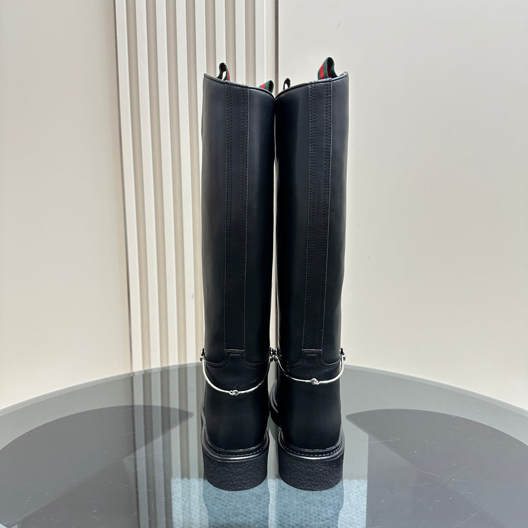 SLIM HORSEBIT KNEE BOOTS WITH WEB IN BLACK CALFSKIN