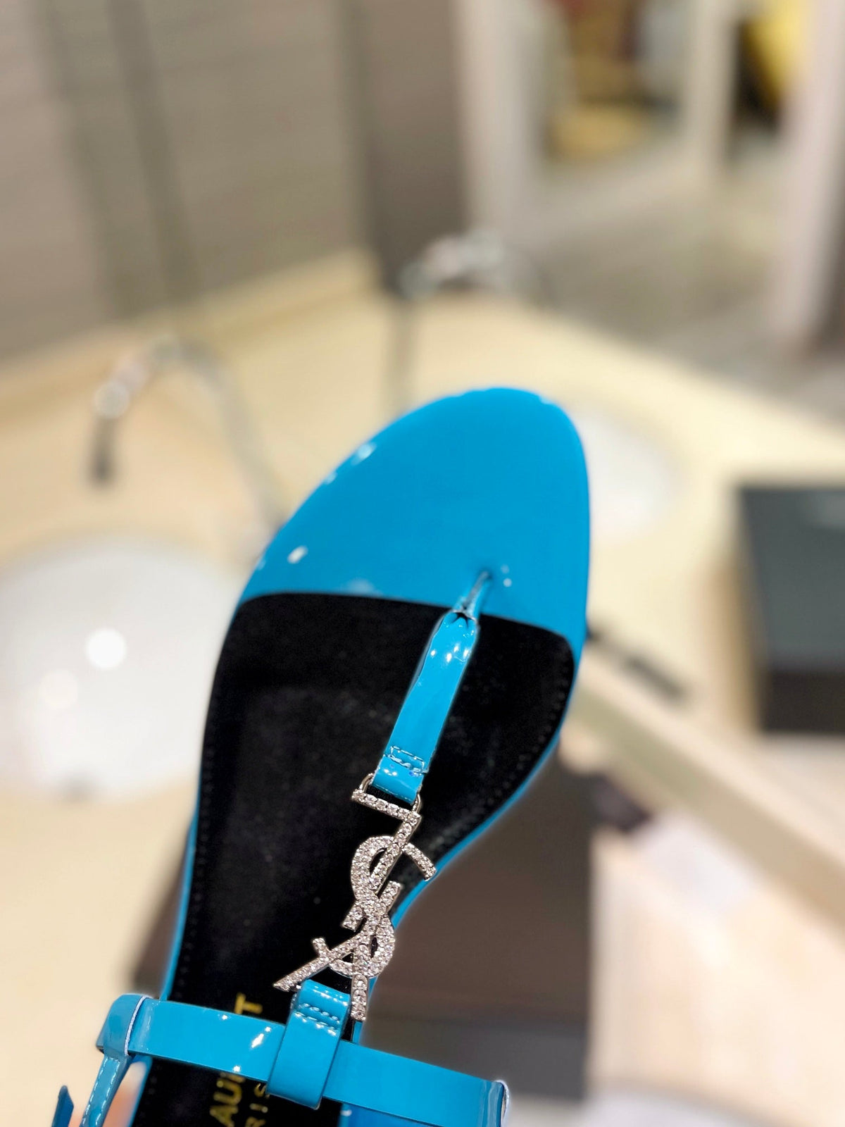 SL CASSANDRA SANDALS CERULEAN POLISHED CALFSKIN