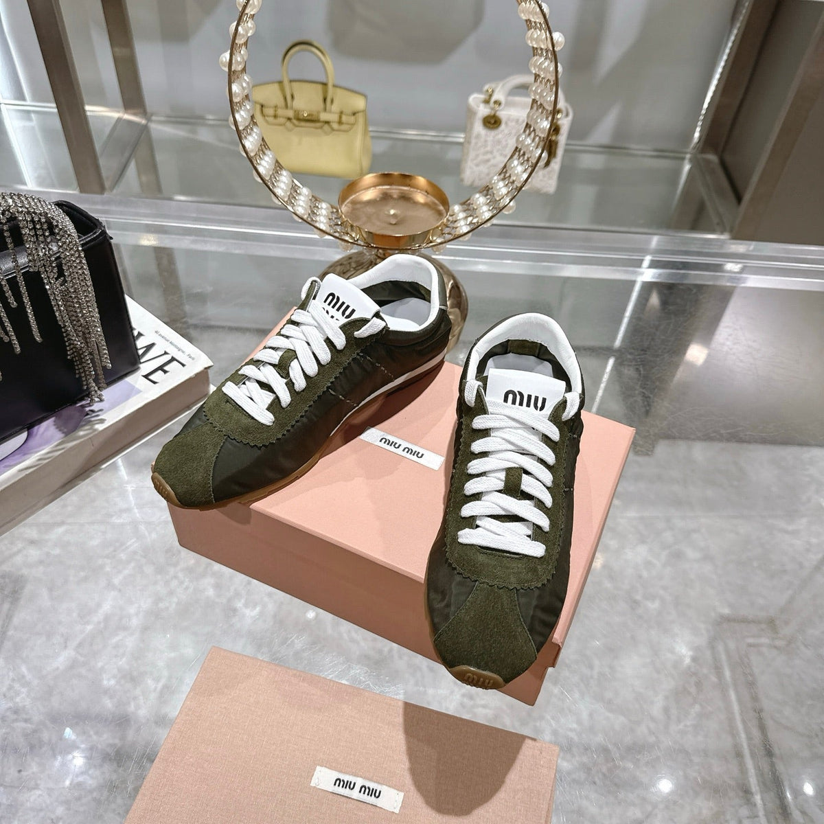 PLUME NAPPA SNEAKERS IN DARK GREEN SUEDE AND CANVAS