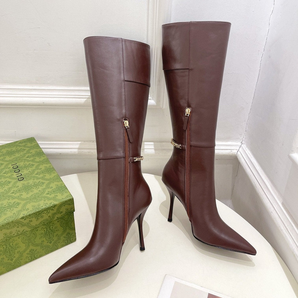 SIGNORIA KNEE BOOTS 10.5CM IN WALNUT BROWN CALFSKIN